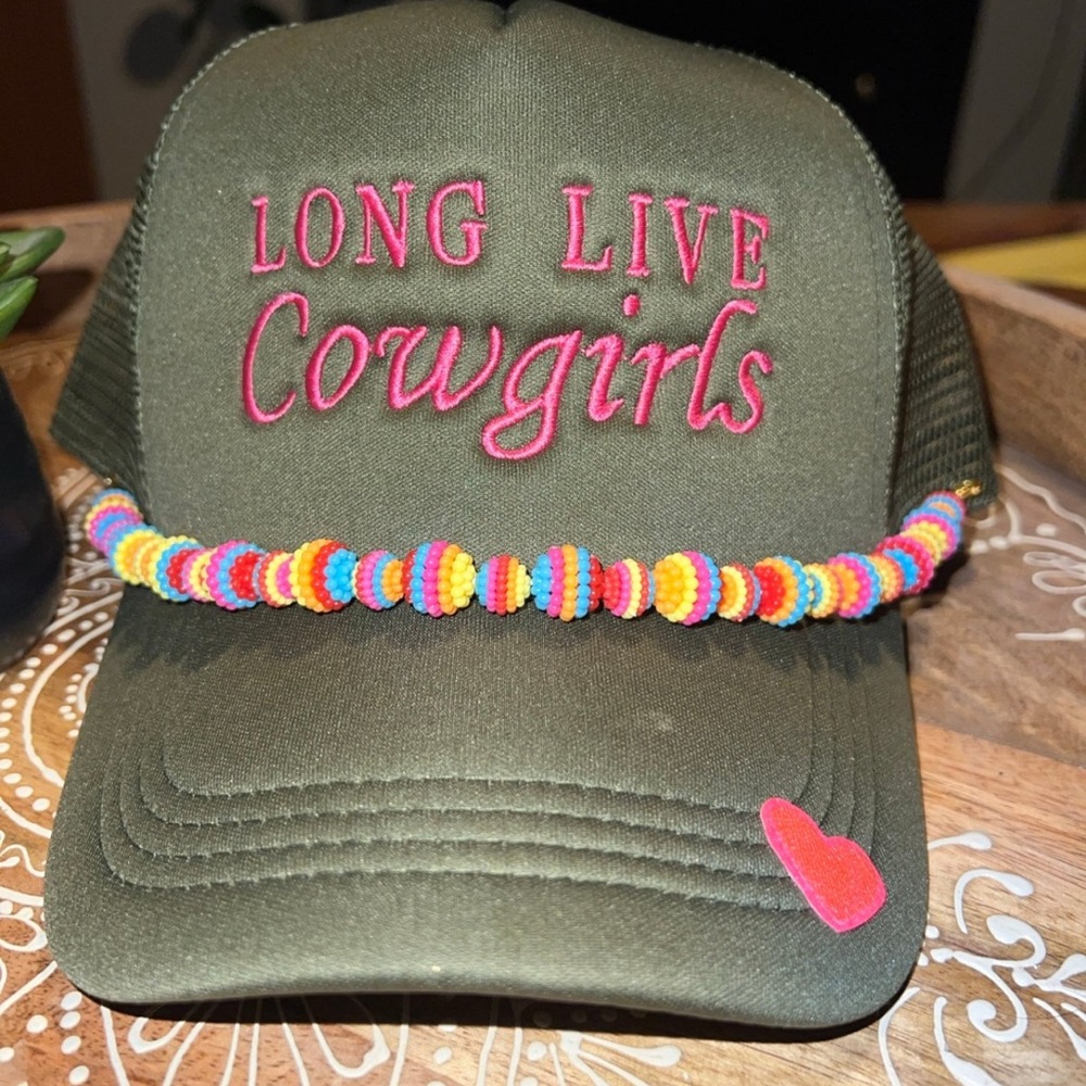 Olive Green Cowgirl Hat with Colorful Beaded Detachable Hat Chain.